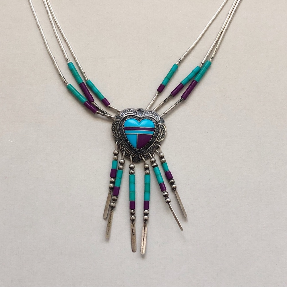 Southwestern Liquid Silver Inlay Turquoise Sugilite Sterling Heart Necklace - Picture 4 of 12
